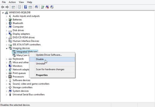 Device Manager Disable Webcam