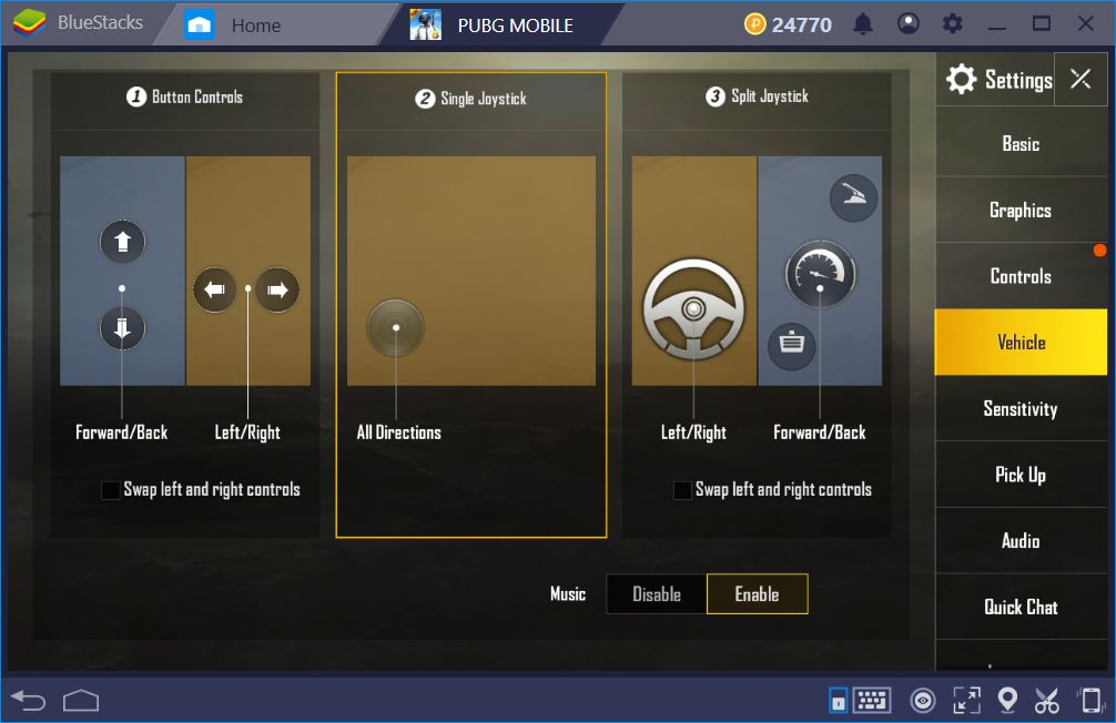 Vehicle Settings Single Joystick Option